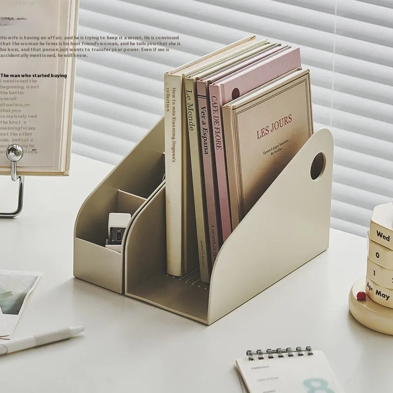 Two-layer plastic desktop storage box for documents and stationery in ivory white colour
