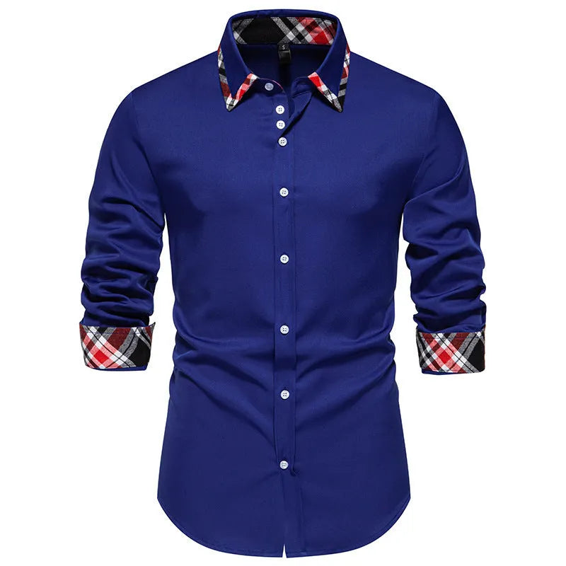 Men's plaid pattern long sleeve shirt with contrasting colour triangle collar in polyester blend fabric