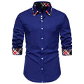 Men's plaid pattern long sleeve shirt with contrasting colour triangle collar in polyester blend fabric