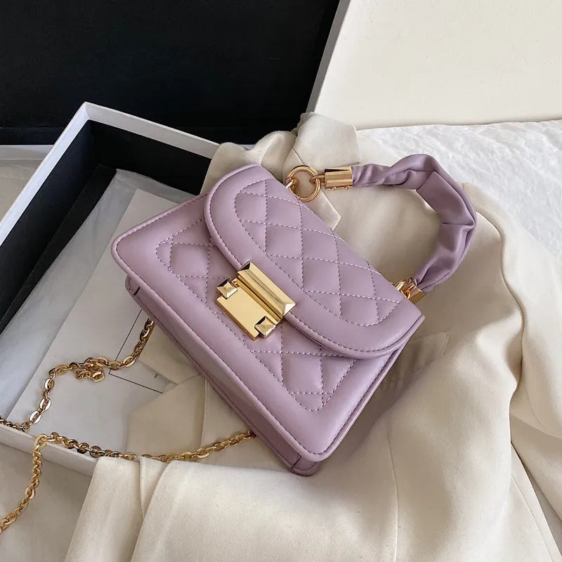 Purple rhombus pattern PU leather ladies shoulder bag with square shape and crossbody strap