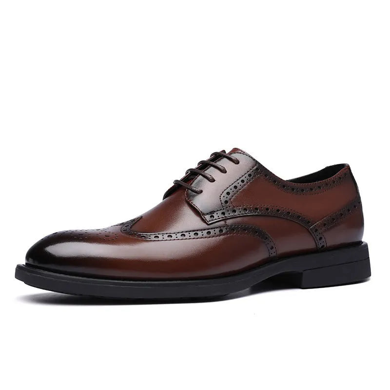 Men's black and brown brogue shoes with traditional perforated patterns, business style with PU leather upper