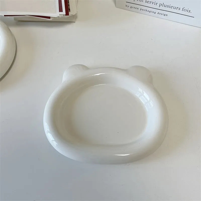 White round porcelain plant plate with a bear doodle design, shown under a small succulent pot.