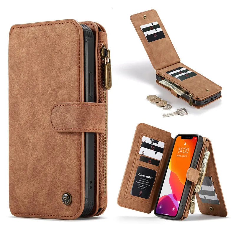 Imitation leather split flip case for Apple iPhone in black showing flip cover and machined finish