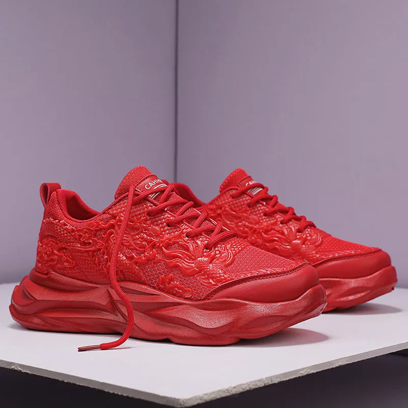 Men's casual fly knit sneakers in a Chinese dragon design with a rubber sole.