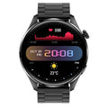 Smart watch with round IPS screen showing interface, zinc alloy case, and black silicone strap