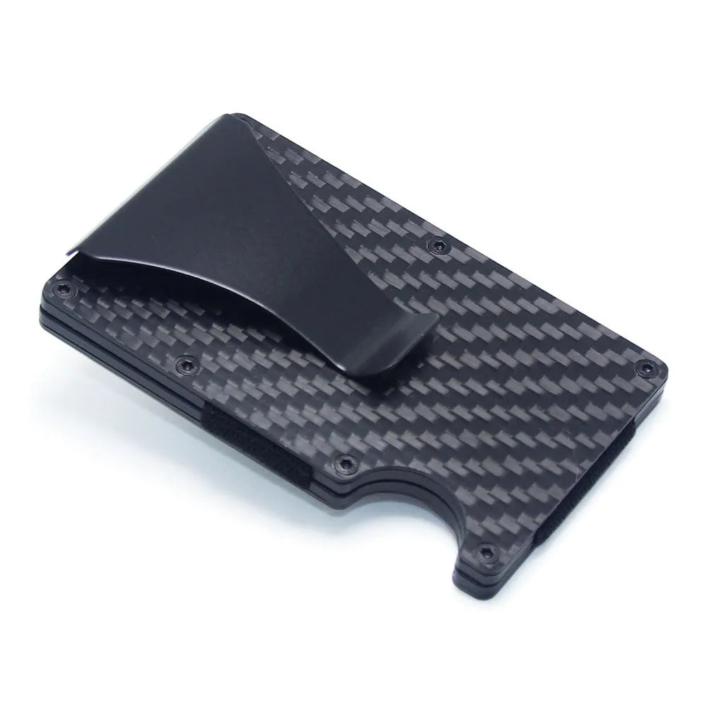 Carbon fibre aluminium wallet card holder with 8mm thickness showing geometry design and multiple colour options