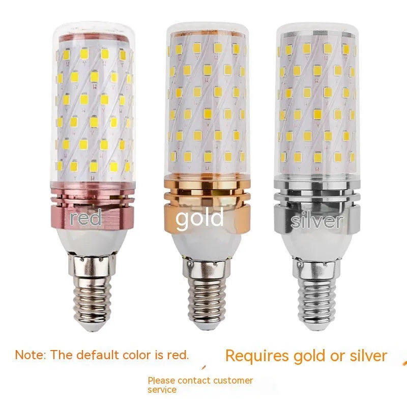 E14 screw base corn LED light bulb with visible LED beads and copper bracket inside.