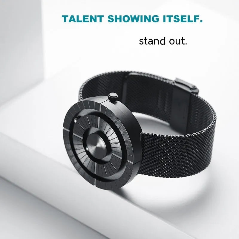 Men's black sports watch with 43mm round dial, stainless steel strap, and butterfly double snap-fastener.