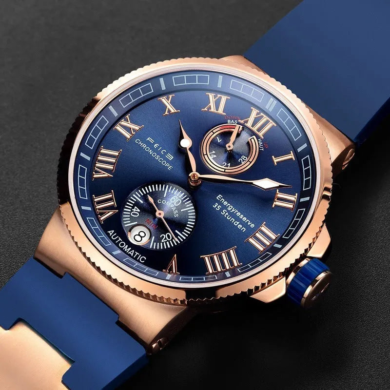 Automatic mechanical watch for men with black silicone band, luminous dial, and stainless steel watch bottom