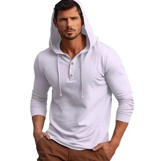 Cotton pullover hoodie in dark blue, apricot, black, blue, white, or light green with long sleeves.