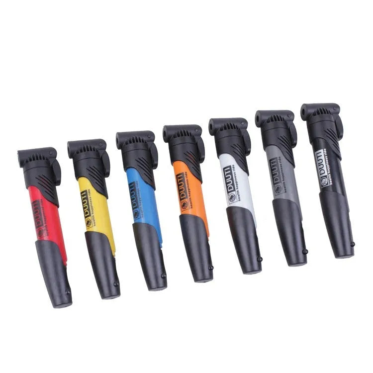 Mini plastic bicycle inflator for mountain bikes, shown in a choice of seven colours