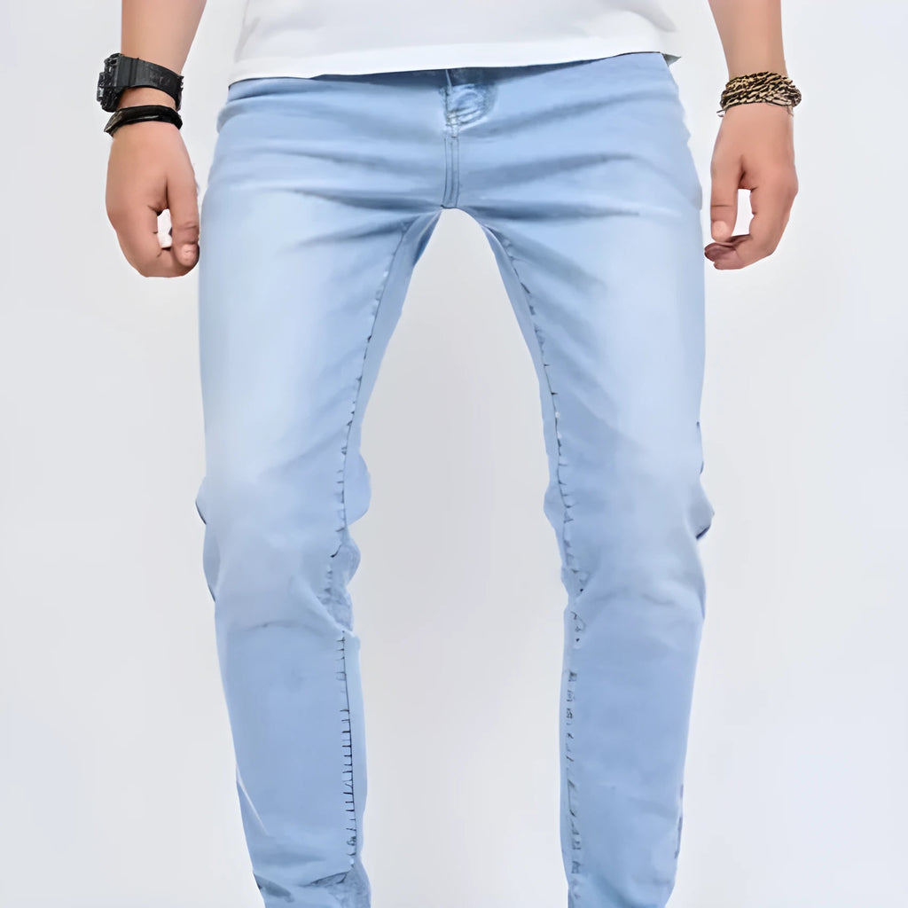 Men's light blue slim-fit stretch jeans with water-washed cotton denim