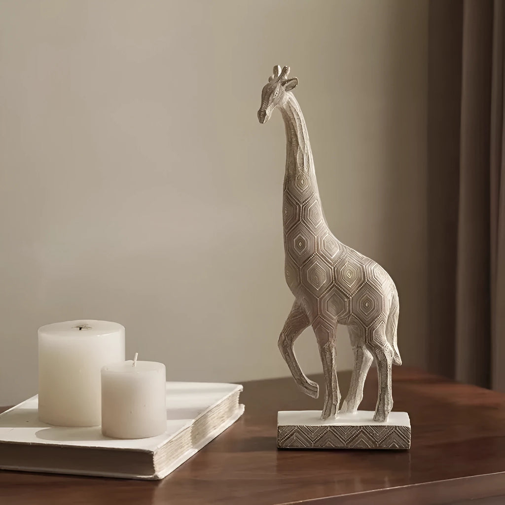 Wood colour European style resin giraffe ornament measuring 30.5 cm tall.