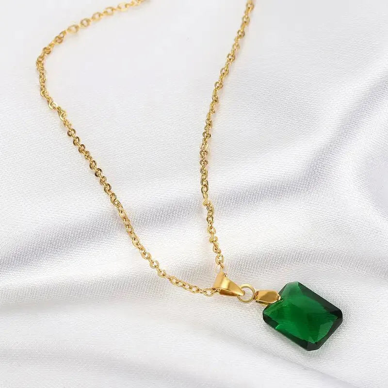Copper rectangular geometric pendant necklace in XL1006 Green colour on an O-ring chain.