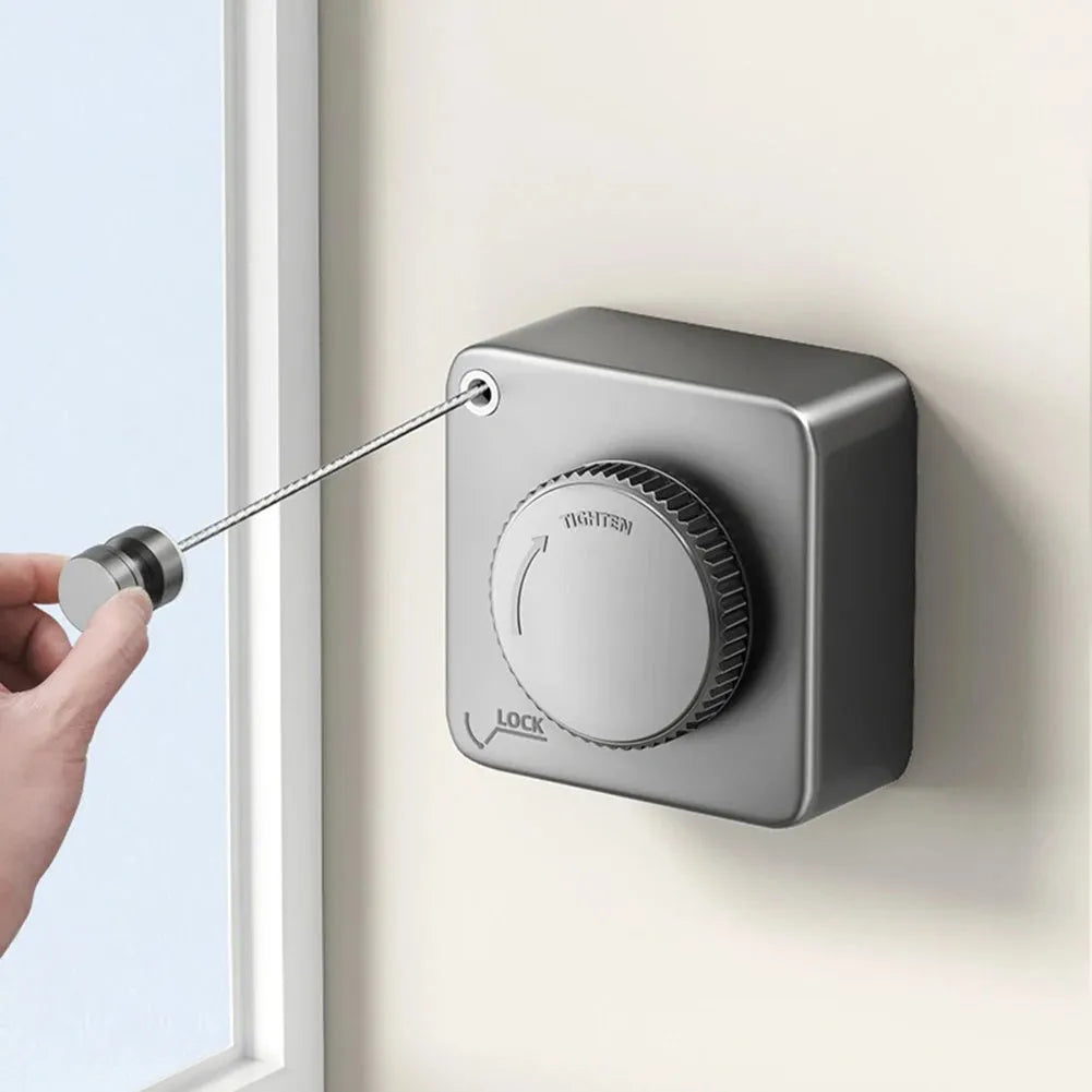 Gun grey retractable wall mounted clothesline extended to 4.8m with clothes hanging, ABS stainless steel construction