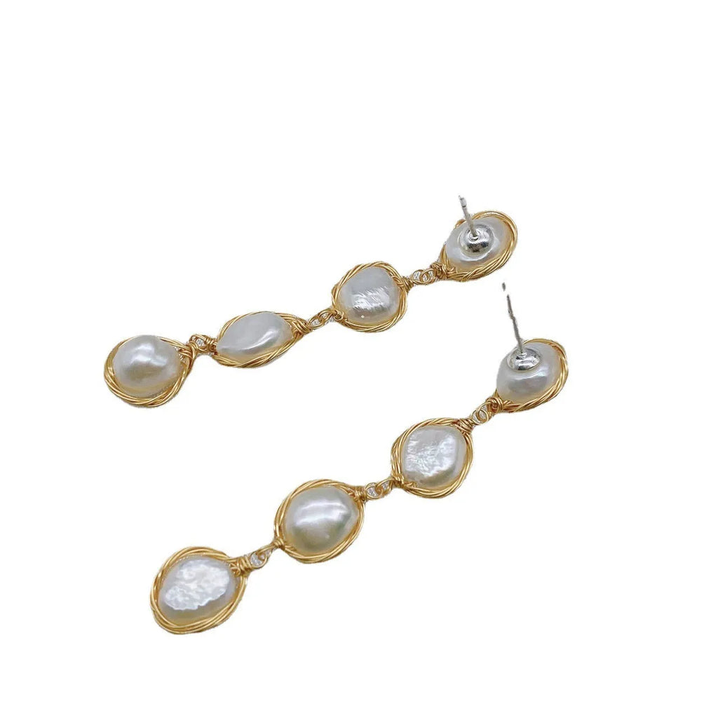 Handmade natural pearl drop earrings with tassel detailing in white colour for women