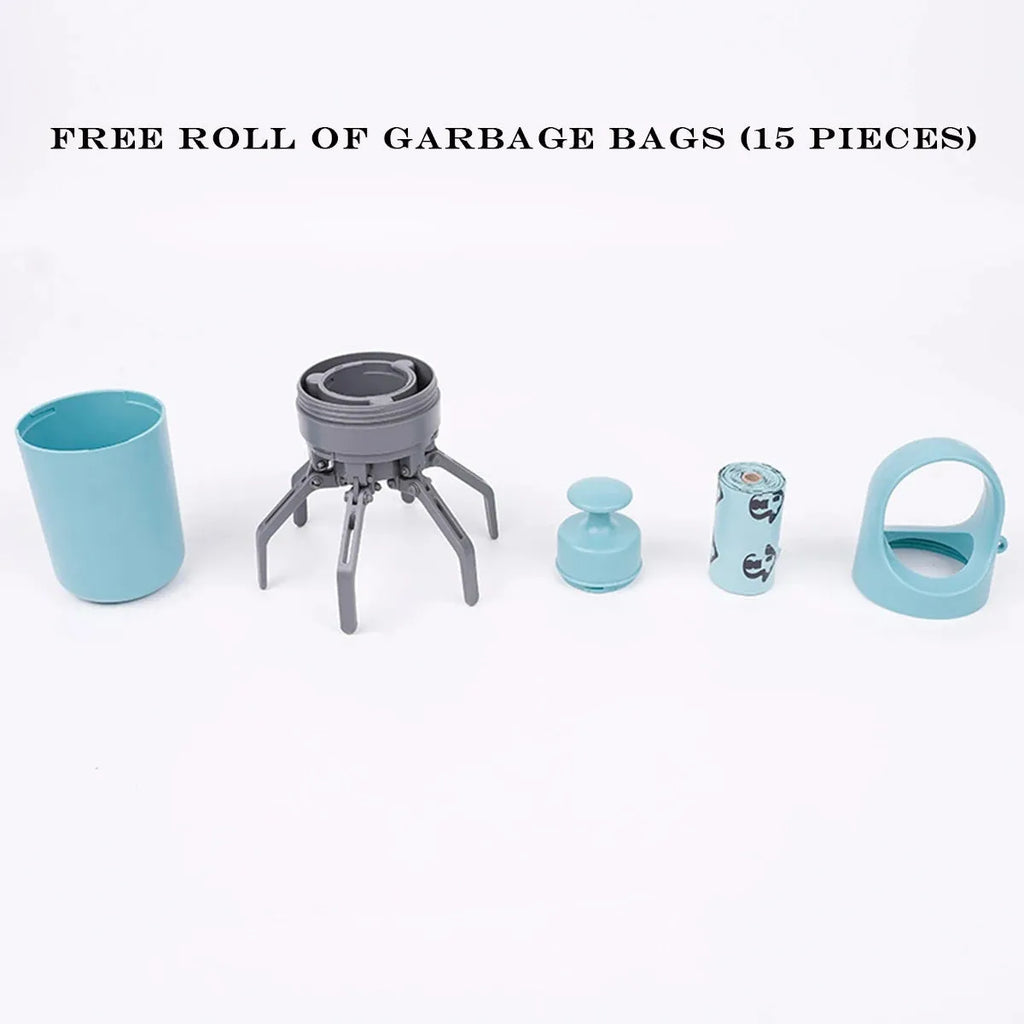 Blue plastic dog pooper scooper with claw mechanism and roll of waste bags