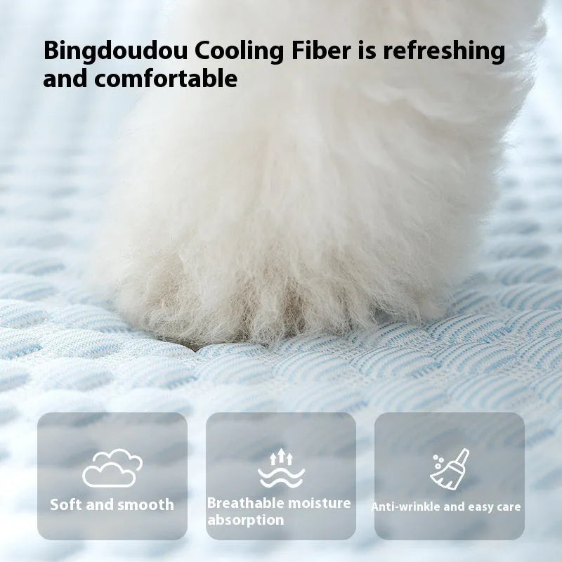 Cool feeling breathable PP cotton dog mat in blue monster design, sizes S to XXL, for dogs and cats