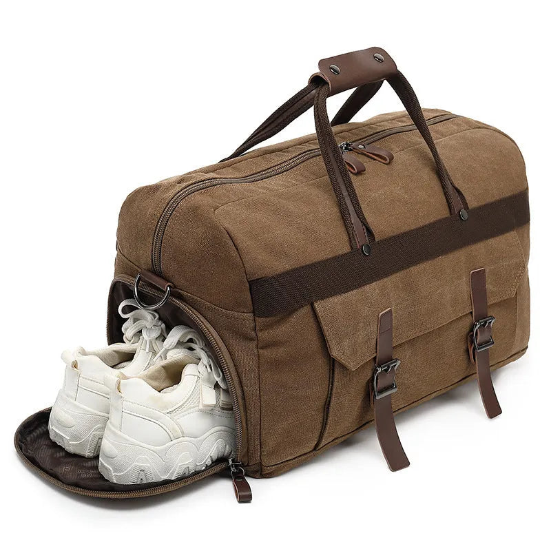 Men's canvas crossbody travel bag with retro styling in black, brown or grey colours