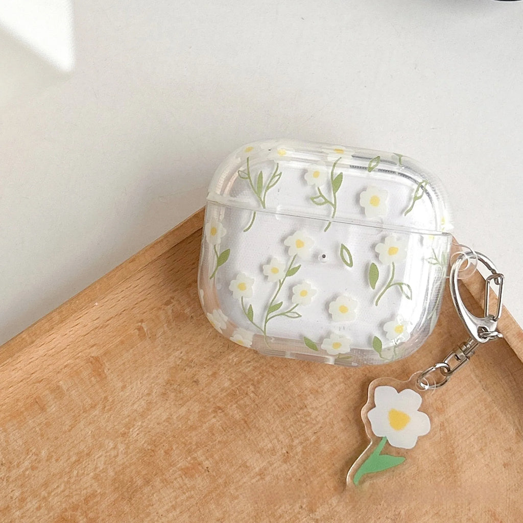 White floral high-transparent TPU protective cover for Apple AirPods on a table