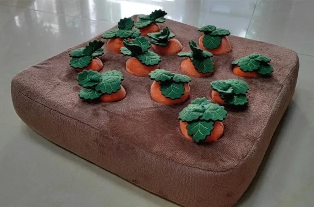 Orange carrot plush toy snuffle mat for dogs and cats with PP cotton filling, 35cm by 35cm, non-slip base