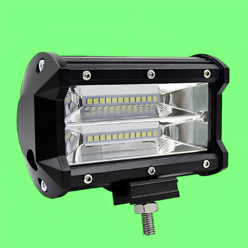 Black 5-inch dual-row LED off-road work light with aluminium alloy housing, shown with mounting bracket.