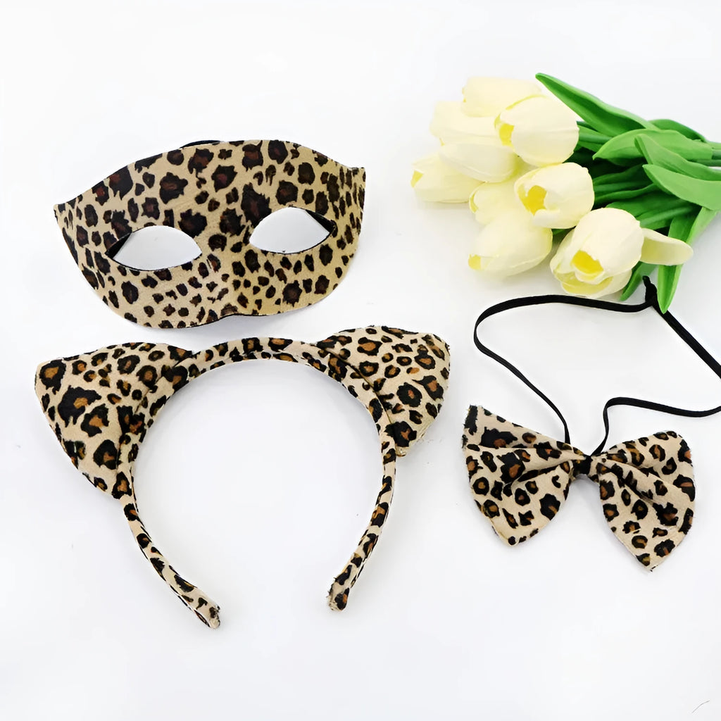 Leopard print half face plastic mask and matching headband set for Halloween costume
