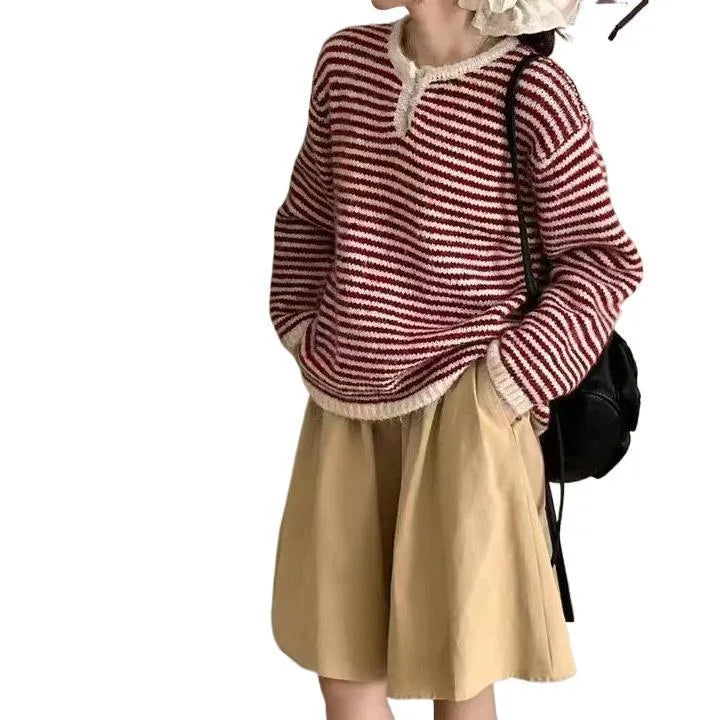 Women's red striped cashmere pullover sweater with loose fit and long sleeves