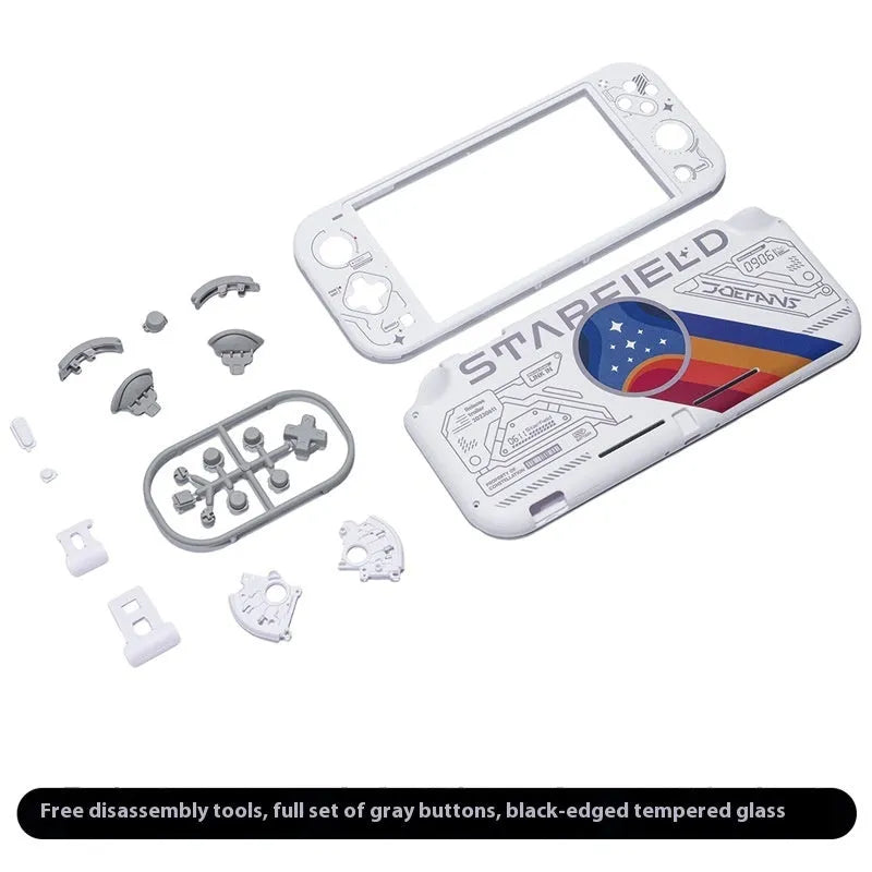 Switch Lite replacement shell kit in ABS PC with front and rear case, tempered film, and button set, 231x104x30mm