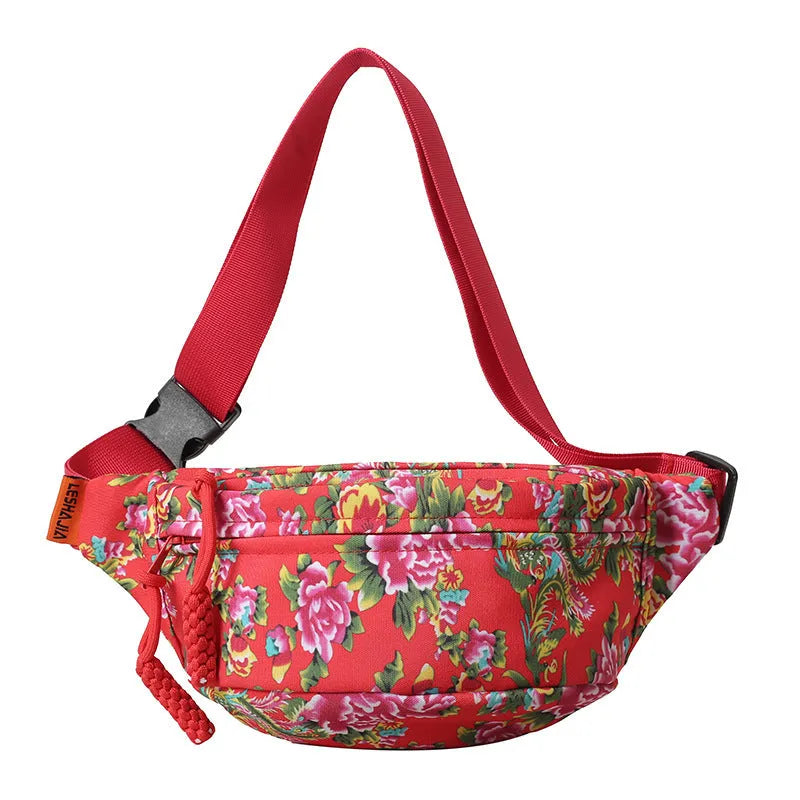 Women's western style waist bag with big flower design and contrast stitching in nylon material