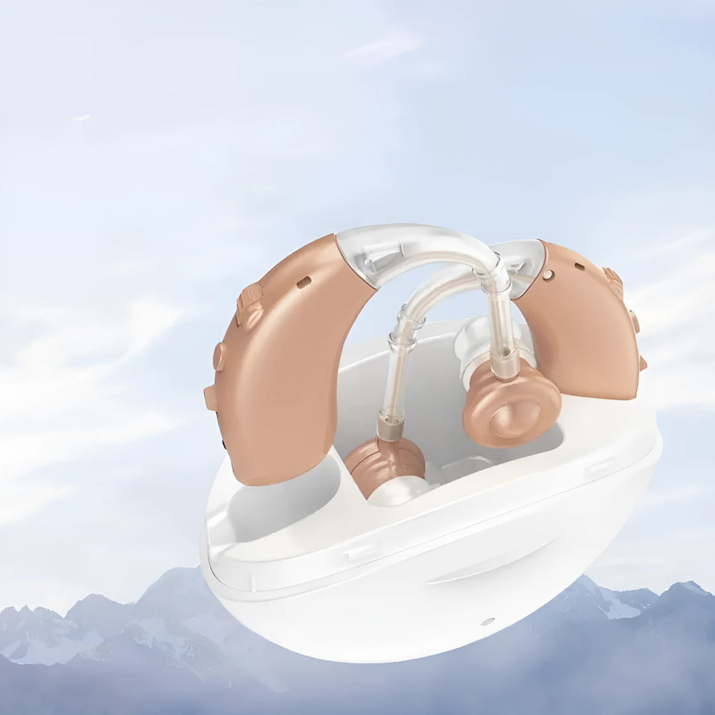 Beige rechargeable hearing aid with charger, USB powered, ear-back design for elderly