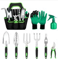 9-piece aluminum alloy gardening tools set with green handles and silicone shovel