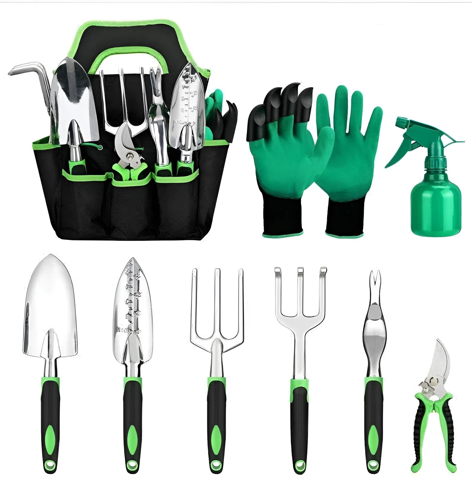 9-piece aluminum alloy gardening tools set with green handles and silicone shovel