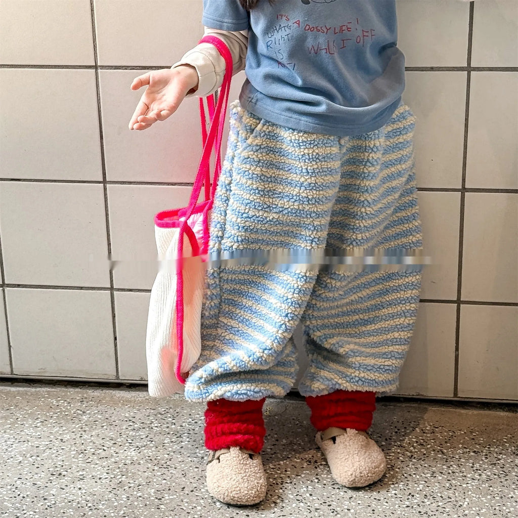 Children's unisex fleece-lined high-waist harem pants in creamy blue stripes with elastic waistband for winter