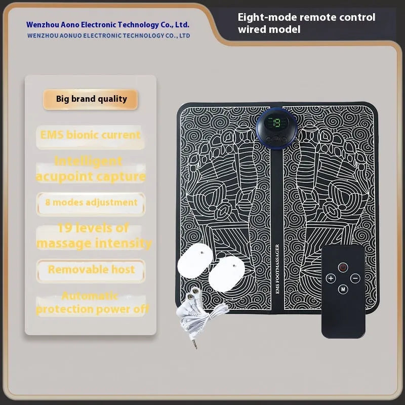 Blue rechargeable reflexology foot massager mat with remote control on a wooden floor.