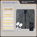 Blue rechargeable reflexology foot massager mat with remote control on a wooden floor.