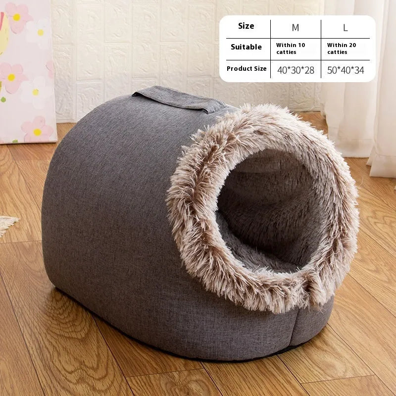 Fleece-lined closed cat sleeping bag nest in grey colour, shown with M size dimensions of 40x30x28 cm.