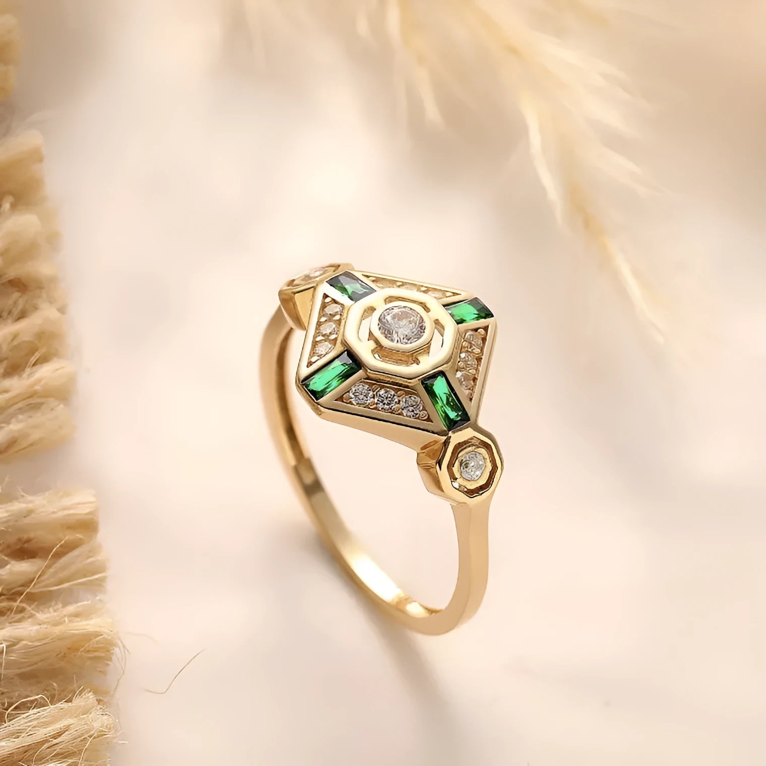 Square emerald green electroplated gemstone ring for women in Ins style.