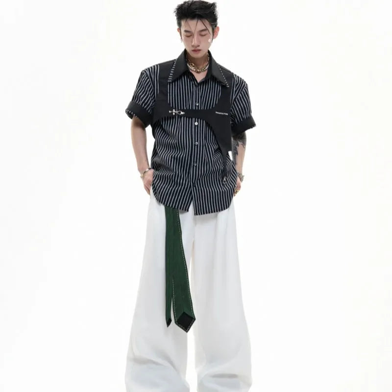 Men's black and white striped cotton shirt with double lapel collar and short sleeves