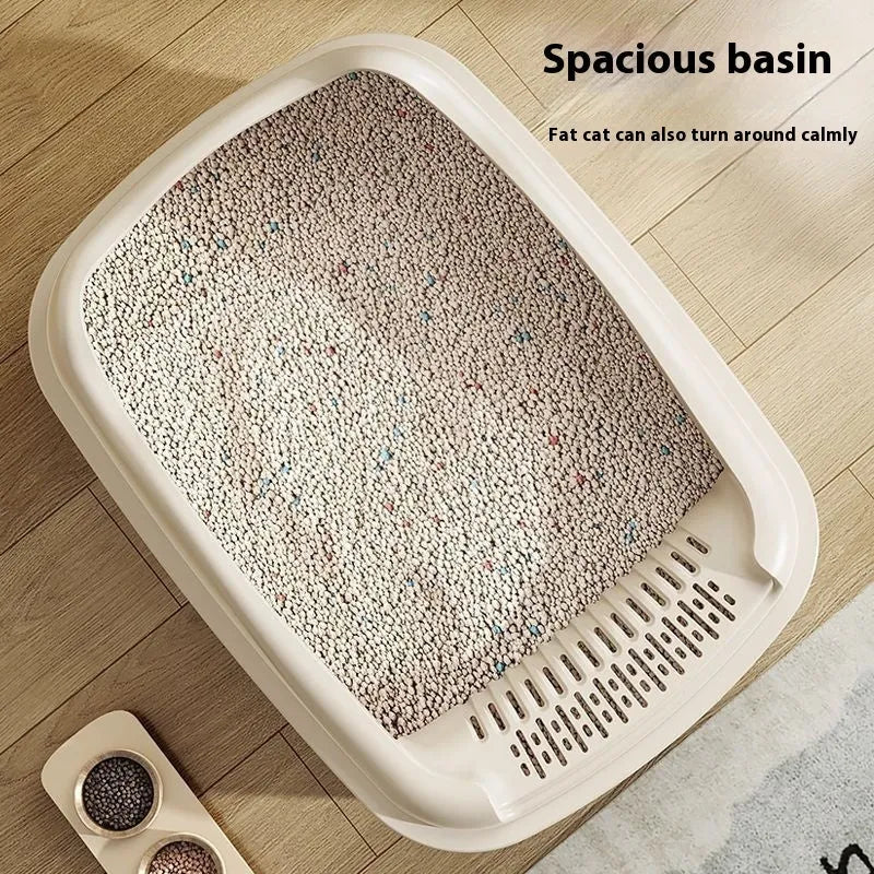 Oversized semi-enclosed PP cat litter box in cream white, extra large size, placed on floor