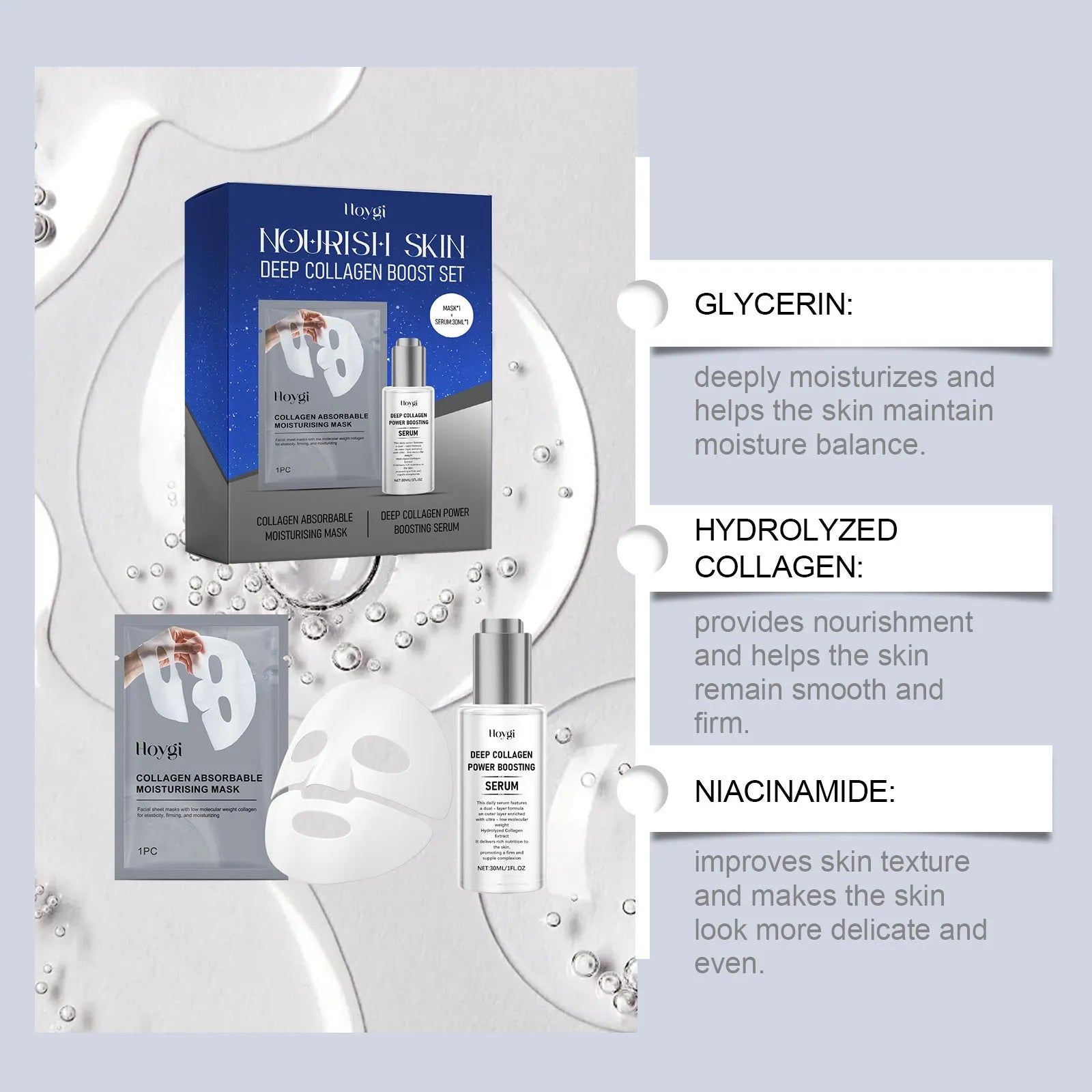 Single collagen facial sheet mask with 30ml moisturising essence bottle