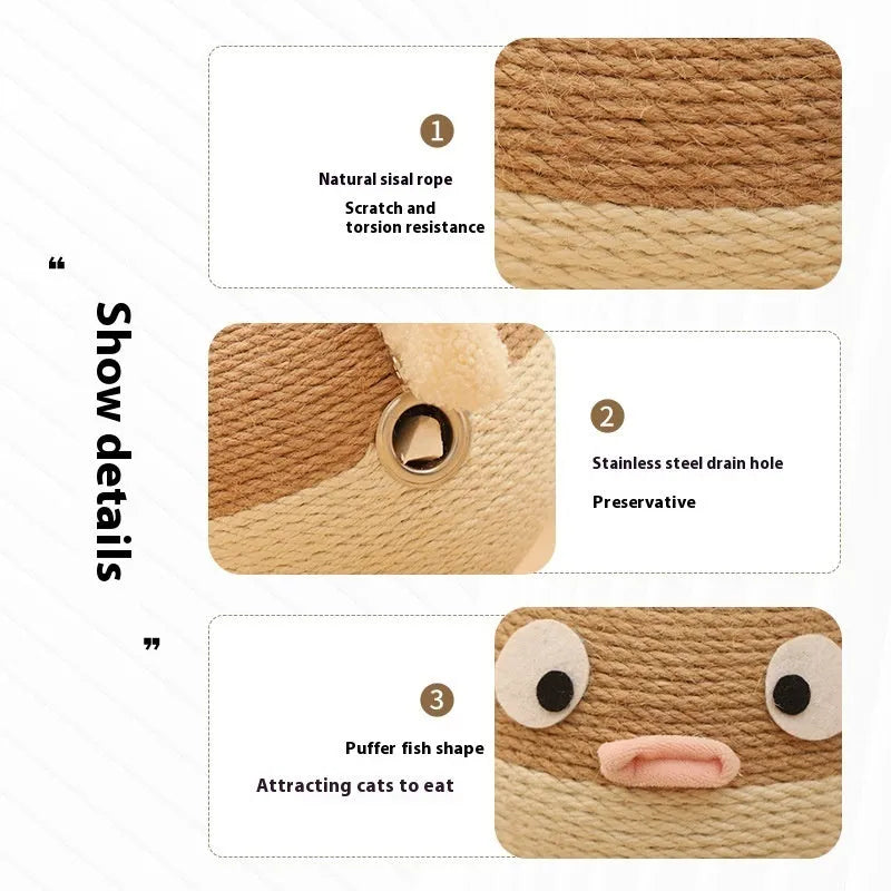 Puffer fish-shaped sisal puzzle feeder toy for pets, shown in a 15cm cube size.