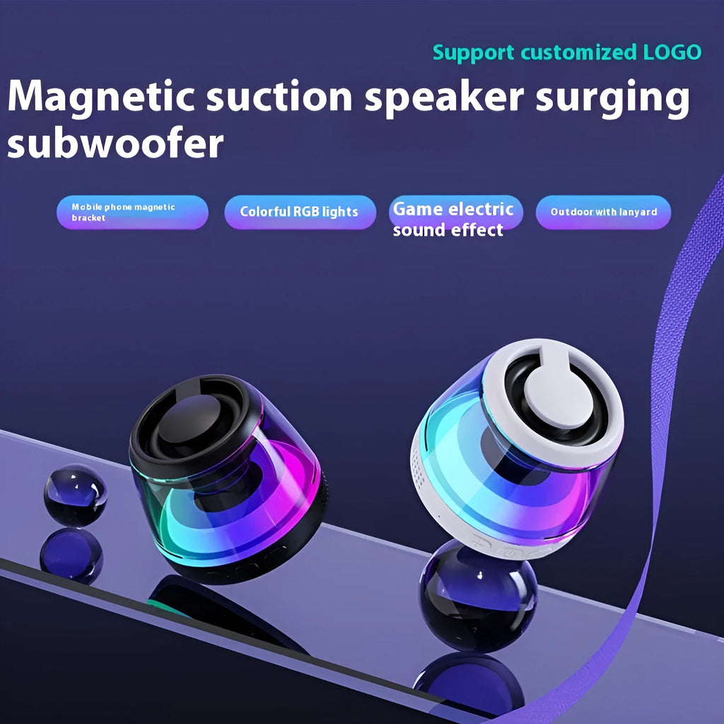 White portable wireless Bluetooth speaker with ambient lighting on wooden desktop