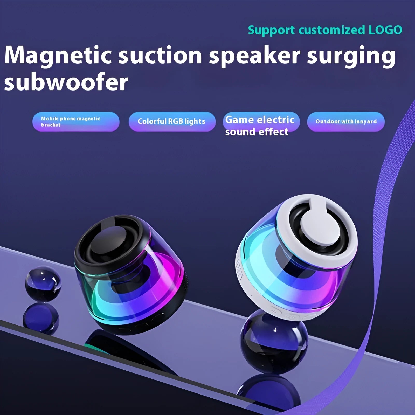 White portable wireless Bluetooth speaker with ambient lighting on wooden desktop