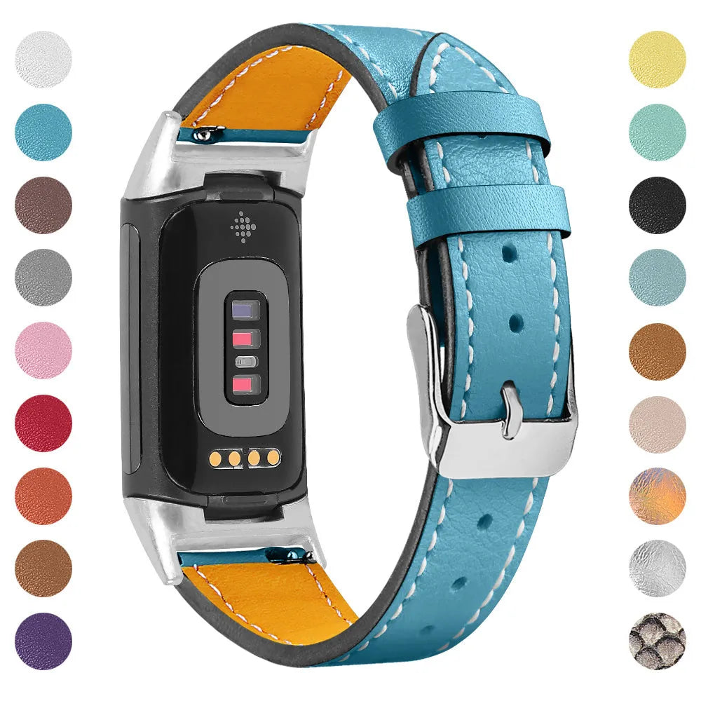 Genuine brown cowhide leather replacement strap for Fitbit Charge 5 and Charge 6 smart watches on a wrist.