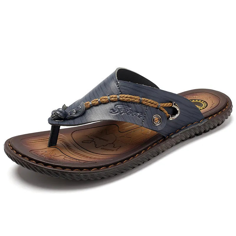 Men's black casual PU leather slippers with non-slip sole, shown from the side.