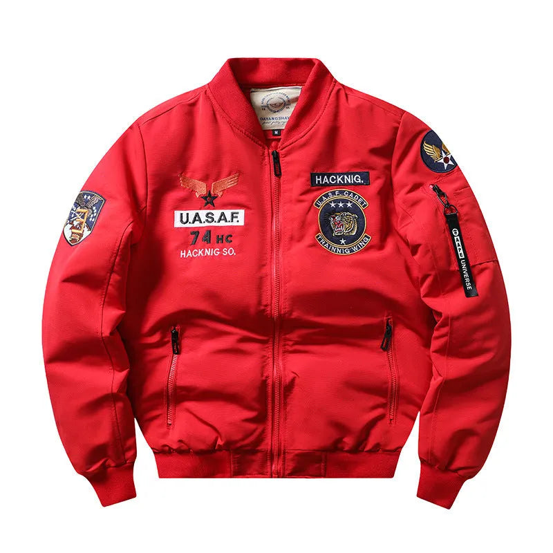 Men's slim-fit retro motorcycle coat in blue with stand collar, embroidery, and chest patch pockets.