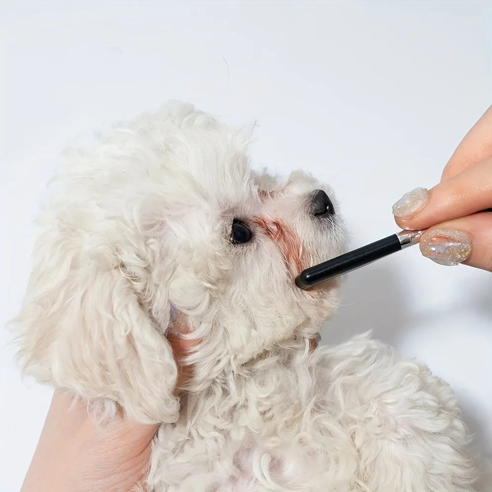 Black pet eye grooming brush with soft bristles and comb attachment for tear stain removal