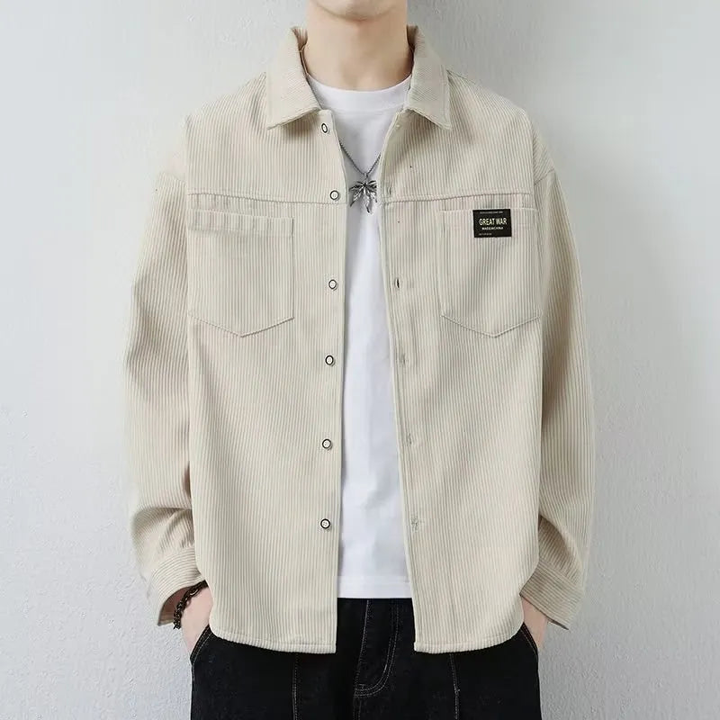 Men's casual corduroy jacket in cardigan style with long sleeves showing colour options