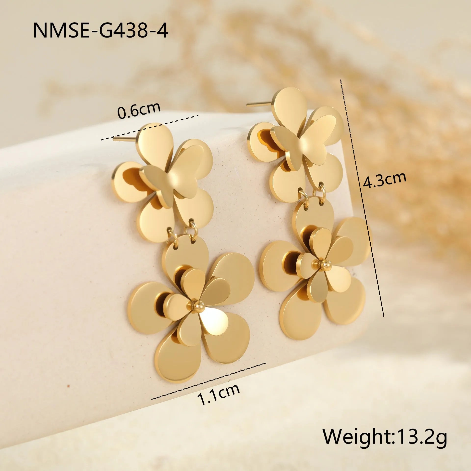 Gold flower butterfly stainless steel dangle earrings for women with 18K electroplating